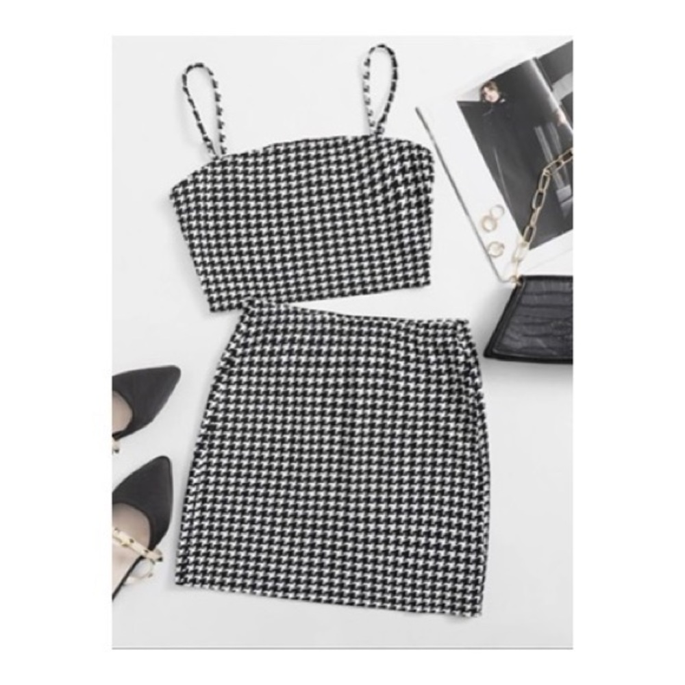 SHEIN Houndstooth Print Crop Cami Top & Skirt Set Summer Spring